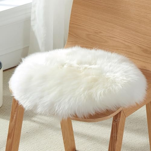 RTSFKFS Cojín Redondo 35 40 45 50 de Piel DEE Oveja Natural Linda Lana Pura Peluda Cojín de Silla Cuero Oveja Antideslizante Lujo Cojines Asiento Coche(Blanco,35cm/13.7)