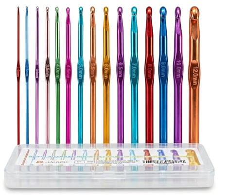 Barpre 15-Piece Aluminium Crochet Hooks Set (2.0mm - 12.0mm) – Complete Multicoloured Crochet Needles with Storage Case – All-in-One Starter Kit for Lace, DK, Aran & Chunky Yarn Projects
