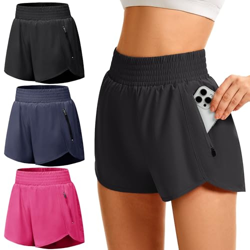 Pack de 3 pantalones cortos deportivos para mujer GetGigt, pantalones cortos deportivos con bolsillo con cremallera, pantalones cortos de verano, pantalones cortos para correr, pantalones cortos de