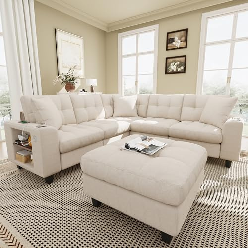 Sapgaks Canapé modulable Moderne 6 Places, avec USB et Porte-gobelet, très Grand canapé d'angle modulable en Forme de U/L,avec Repose-Pieds Amovible et accoudoirs bibliothèque,Tissu Chenille, Beige