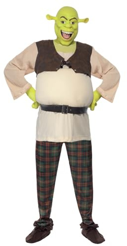 Smiffys Shrek Adult Costume in Green, Top, Trousers, Hands & Mask, Official Shrek License Outfit with Padded Stomach & Latex Mask & Gloves, Transform into the Beloved Ogre!, World Book Day