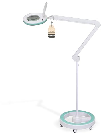 Lumeno LED Lampe loupe 7218GN avec lentille en verre de 127 mm, lampe de travail, convient pour cosmétique, les bricoleurs, aide à la lecture lampe grossissante, 8 dioptries Vert avec trépied roulant