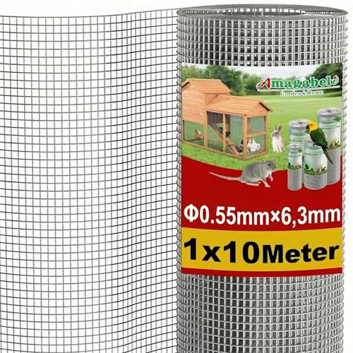 Malla Electrosoldada Galvanizada, Rollo 1.0M x 10M, Luz de Malla 6x6mm, Alambre de 0.55mm de Grosor - Para Cerramientos, Gallineros, Jardín y Refuerzo - Amagabeli