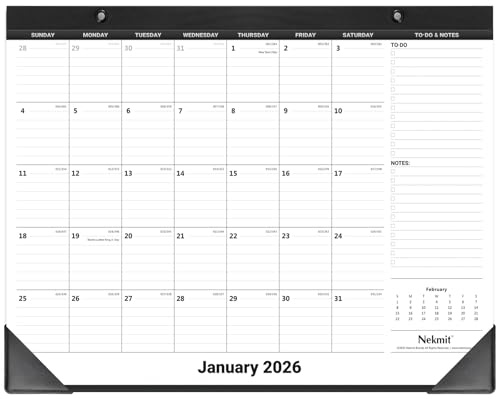 Nekmit Academic Yearly Monthly Desk Pad Calendar 2026, Runs from Jan 2026 to Dec 2026, Wall Calendar for Planning, Ruled Blocks, Black