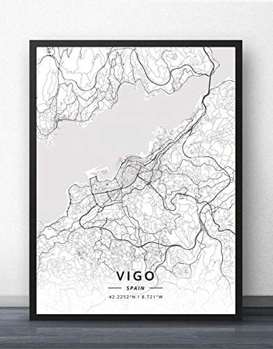 Cuadro Sobre Lienzo,Vigo España Mapa De La Ciudad Impresiones Carteles Pintura Mural Retro Arte Pintura Rectángulo Imágenes Arte Pop Para Sala De Estar Dormitorio Decoración Del Hogar, 50X70Cm /