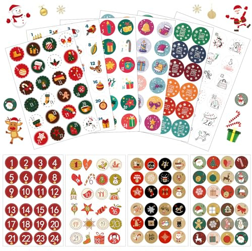 10 hojas Adviento, pegatinas para calendario de adviento con números de calendario de adviento y números redondos, pegatinas de regalo, pegatinas redondas para calendario de Navidad para manualidades