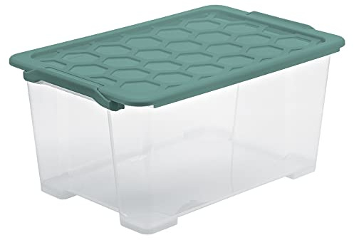 Rotho Evo Safe Keeping Aufbewahrungsbox 44l mit Deckel, lebensmittelechter Kunststoff (PP) BPA-frei, transparent/türkis, 44l (59.0 x 39.5 x 28.0 cm)