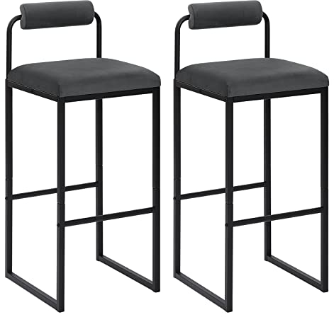 WOLTU 2X Barhocker mit Fußstütze, Hochstuhl mit Rückenlehne, Polsterhocker Samt aus Metall, ergonomischer Hocker, Dunkelgrau BH343dgr-2