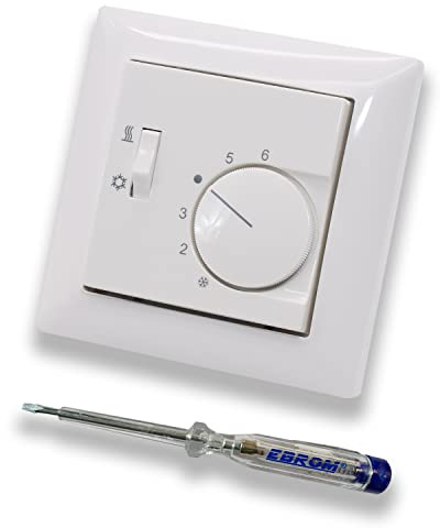 Halmburger Raumthermostat Raumtemperaturregler RTR-5523rg mit Umschalter Heizen oder Kühlen in Busch Jäger Balance SI alpinweiß im Rahmen + EBROM Phasenprüfer zur Montage des Geräts RTR-5523 (rg)