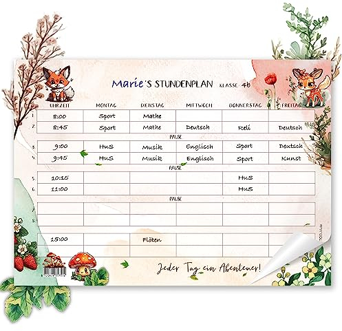 TOBJA Süßer Stundenplan für Kinder in der Grundschule - Waldbewohner Design | Mädchen und Jungen Stundenplan 1. Klasse | 25 Seiten, 90 g/m² Papier