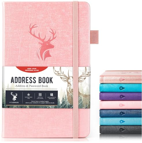 Adressbok med alfabetiska flikar, inbunden liten lösenordbok, adressbok stort tryck för telefonnummer, inloggning på internetwebbplats, adressanteckningsbok dagbok för hem 12,7 cm x 19,6 cm – rosa