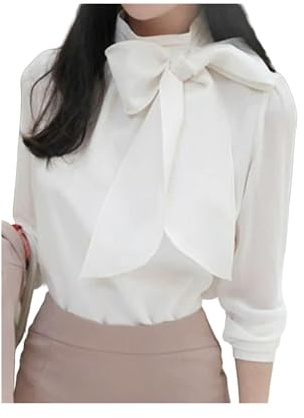 KWTF Women Spring Summer Style Chiffon Blouses Shirts Lady Long Sleeve White Black Bow Tie Collar Tops