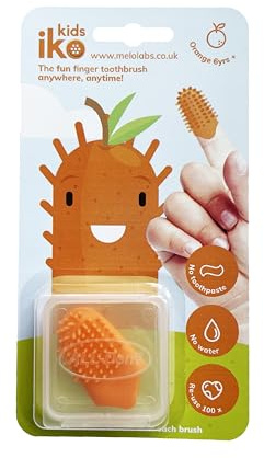 iKo Kids Finger Toothbrush + Clear Case, Soft Touch, No Toothpaste or Water Needed, 100% Recyclable Eco Child/Kids Home Dental Care, Mini Travel Oral Health Holiday Essential 4 Flavours - Orange