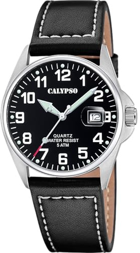Calypso Orologio Uomo Analogico Cinturino Pelle Nera - Quarzo - Data - Vetro Minerale Resistente - Impermeabile 5 ATM Elegante K5870/4 Basic