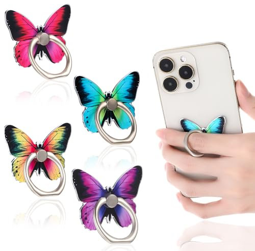 Tyqour 4 Stück Schmetterling Handy Ring Halter, Schmetterling Handy Ring 360° Drehbar Handy Halterung Hand, Handy Fingerhalterung, Handyringhalterung Finger Kompatibel mit Allen Smartphones