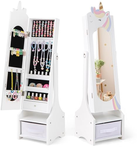 HOMFME Armoire de Rangment Enfant avec Miroir de Plein Longueur, Armoire a Bijoux avec 2 Angles d’Inclinaison en Forme Licorne avec Tiroirs et Crochets, 31,5 x 30 x 115 CM, pour Filles 3+ Ans (Blanc)