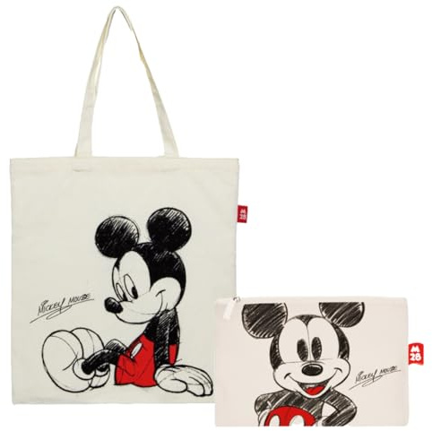 Superdiver Ensemble Sac Shopping et Trousse Mickey - Licence Officielle Disney - Coton et Polyester - Idéal pour un Usage Quotidien ou comme Cadeau - Sac 37x41 cm et Trousse 22,5x16 cm