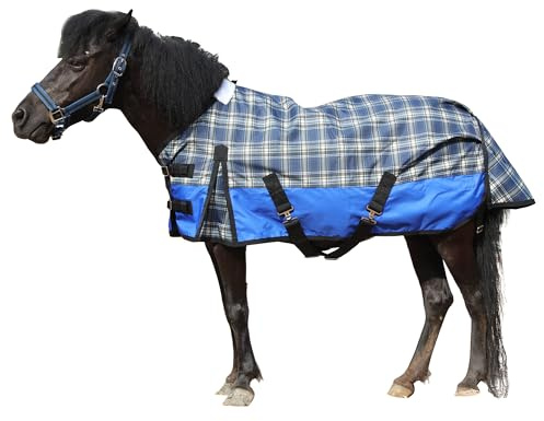 Leberna Couverture de pluie imperméable 600D Ripstop pour poney Shetland, âne et cheval miniature (sans remplissage) (carreaux bleus, 1,9 m)