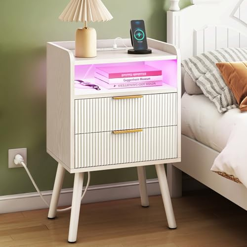 Fixwal White Nightstand with Charging Station, 2 Fluted Wood Drawers