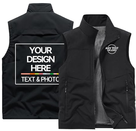 WUWWUT Gilet de pêche personnalisé pour homme Gilet utilitaire personnalisé avec plusieurs poches Veste légère sans manches pour activités de plein air, Noir , XL