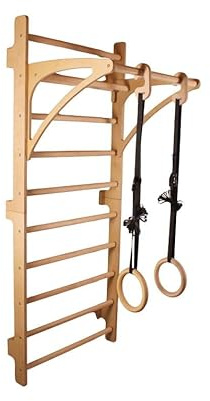 Bear On Bar - Ensemble d'échelle d'entraînement 200x80 cm pour l'intérieur - jusqu'à 100 kg - Échelle en bois à fixer au mur avec barre amovible et anneaux de gymnastique