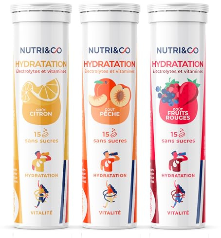 NUTRI & CO Electrolytes Hydratation - 5 Minéraux + 4 Vitamines - Sans Sucre ni Édulcorant - Mix Citron + Pêche + Fruits Rouges - 3 Tubes (45 Pastilles) - Fabriqué en France