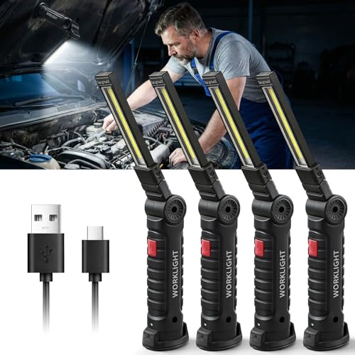Lampada da officina a LED, 4 pezzi, regalo per uomini, lampada da lavoro meccanica, torcia elettrica, torcia ricaricabile da officina, con magnete e gancio per riparazione auto, attrezzi e campeggio
