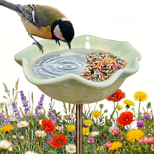 Abreuvoir Oiseaux Exterieur Céramique, Baignoire Oiseaux Exterieur sur Piquet, 2 en 1 Mangeoire et Bain pour Oiseaux Abeilles, Artisanale en Forme de Fleur pour Décoration Jardin (Jaune Citron * 1)