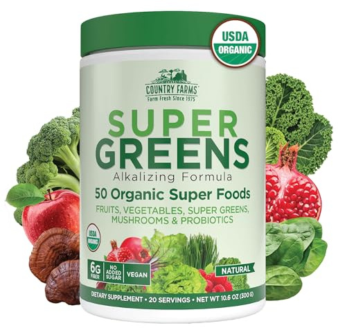 Country Farms Organic Super Greens Natural Flavor, 50 Organic Super Foods, Packed with Fiber, USDA Organic Drink Mix, Fruits, Vegetables, Mushrooms & Probiotics, Supports Energy, 6g Fiber