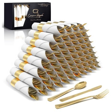 Prestee 200 Piece Gold Plastic Silverware Set for 50 Guests - Premium Pre Rolled Cutlery Set with Napkins - Elegant Disposable Silverware with Forks, Knives, and Spoons for Weddings and Thanksgiving