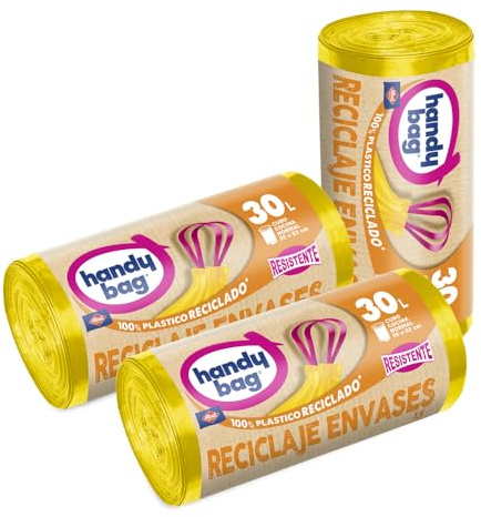 Handy Bag Sacs à ordures Recyclage Emballages 100% recyclés, extra résistants, anti-goutte, auto-fermeture, 30 L, 15 sacs, 1 paquet de 45 sacs