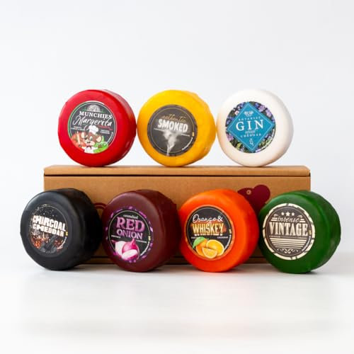 Rainbow Cheese Gift Box. 7 Cheddar Cheese Truckle Selection Box. A Cheese Selection That Makes A Great Idea For Cheese Lovers. Foodie Gifts From The Chuckling Cheese Company.