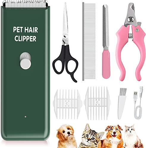Professional Cat Grooming Kit-Dog Clipper Set for Pet Hairs Lower Noise | Pet Clippers Grooming Kit,Rechargeable Pet Hair Clippers Shavers Set, Waterproof,for Puppy, Rabbits, Cats,2 Guide Comb,Green