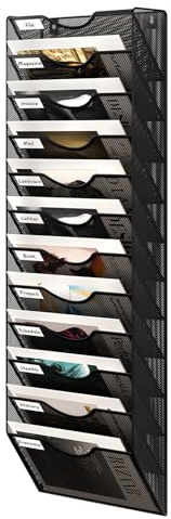 Senhoglb Soporte para archivos de pared colgante de 12 niveles, soporte de documentos de metal A4 montado en la pared, organizador de correo colgante vertical, estante de almacenamiento de revistas