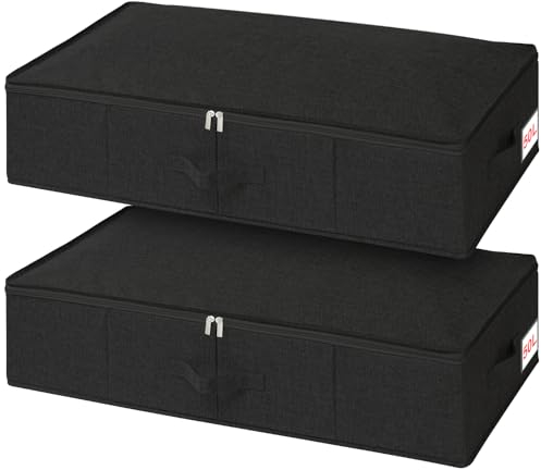 Huquter Under Bed Storage Box with Lid 50L, 2 Pack Under Bed Storage Black with Side & Bottom Support & 3 Handles, Foldable Fabric Underbed Storage Boxes for Comforters Beddings Blankets, 76x38x17cm