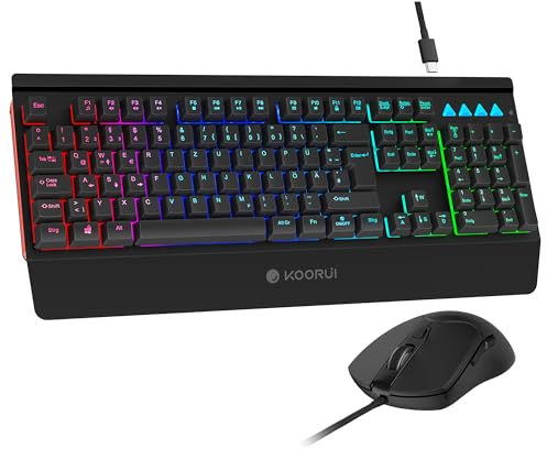KOORUI Gaming Tastatur Maus Set, Deutsches QWERTZ-Layout mit Handballenauflage Ghosting Schutz Tastaturen USB Kabel 12 Multi Media Tasten und Maus mit 6 Tasten 3200 DPI für Windows MacOS Linux-Schwarz