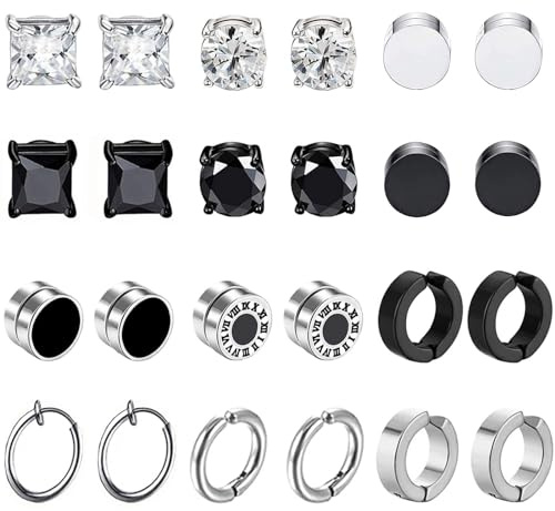 12 Paar Magnet Ohrringe Nicht Durchbohrt für Damen Herren - Edelstahl Magnetische Clips Ohrstecker Non Piercing Set - Silber Schwarz