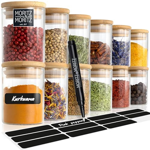 Moritz & Moritz 24x Small Spice Jars with Lids and Labels - Ø 5,5x8cm - 4.4oz/125 ml - Glass Spice Jars with Bamboo Lids with 24 x Labels and 2 x Chalk Pencils