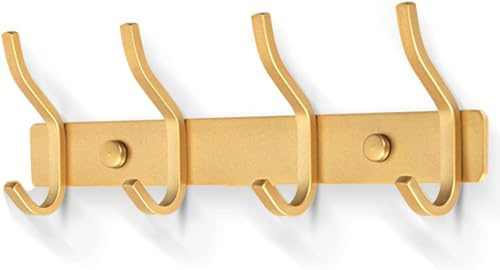 YUET Perchero de Pared con 4 Ganchos, Perchas de Montaje en Pared Acero inoxidable Colgadores, Perchero para Entrada, Cocina, Baño, Dormitorio, Colgar Abrigos Bufandas (Dorado)