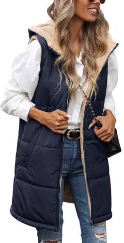 Uikue Womens Fall Reversible Vests Sleeveless Fleece Hoodie Jacket Zip Up Winter Warm Hooded Long Coat Outerwear with Pockets(Navy,L)