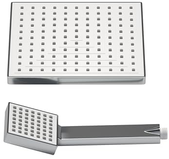 JOHO ABS huvuddusch kantig regndusch duschhuvud med handdusch, 20 cm duschhuvud fyrkantigt inbyggt duschhuvud med antikalkmunstycken 20 x 20 cm krom