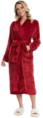 Knuffnee Damen Fleece Morgenmantel Flauschig Lang Bademantel Kuschelig Weich Saunamantel mit Taschen Weinrot L