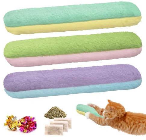 Hebterrka 3 Stück Katzen Spielzeug, Nachfüllbare Katzenminze Spielzeuge, Flauschige Kissen mit Knistergeräusch, Interaktives Kicker-Spielzeug für Hauskatzen