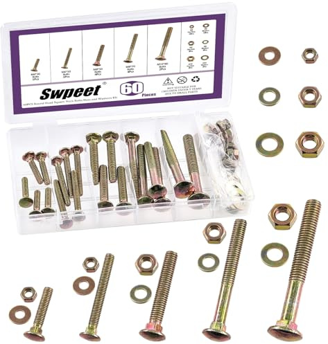 Swpeet 60Pcs 5 Sizes M6×30 M6×50 M8×50 M8×70 M10×80 Colored Zinc Plated Carriage Bolts Screws Nuts Washers Assortment Kit, Round Head Square Neck Screws, Full Thread Carriage Bolts