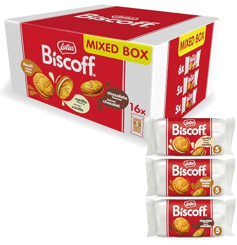 Lotus Biscoff | Doppelkeks Variety Pack | 3 Sorten: Biscoff-Creme, Vanille- und Schokoladengeschmack | 5 Doppelkekse pro Packung | Zutaten natürlichen Ursprungs | Ohne Farbstoffe | 16 x 50g | 800g