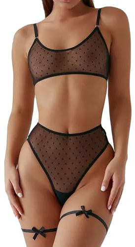 NewBull Ensembles de Lingerie pour Femme, Ensemble de Soutien-Gorge, Tanga et Jarretelle Sexy Transparent - Set de Soutien-Gorge Push-Up Fin et Culotte en Dentelle Tanga 2 Pièces Simple