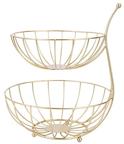 Metal Fruit Basket Fruit Etagere Fruit Bowl Fruit Basket 2 Tier with Banana Holder for Vegetables Fruit Snacks Bread Display Stand Kitchen Decoration-Gold