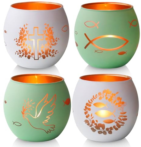 Set di 4 candele, calici per candele, decorazione da tavolo, per comunione e conferma, decorazione per pesci ragazzo e ragazza, decorazione battesimo bianco e verde
