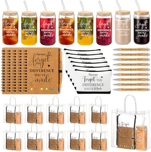 Yeyeplum 60 Pcs Employee Appreciation Gifts Bulk Inspirational Glass Cup Makeup Bag Bamboo Pen Motivational Notebook and Bag for Volunteer Lab Week Teachers Nurses Office Staff (Never Forget)