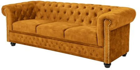 3-Sitzer Sofa CHESTERFIELD - 205cm - senfgelb - Samt - Federkern | Taschenfederkern, Ziernieten, englischer Stil, Rundum-Bezug, pflegeleicht